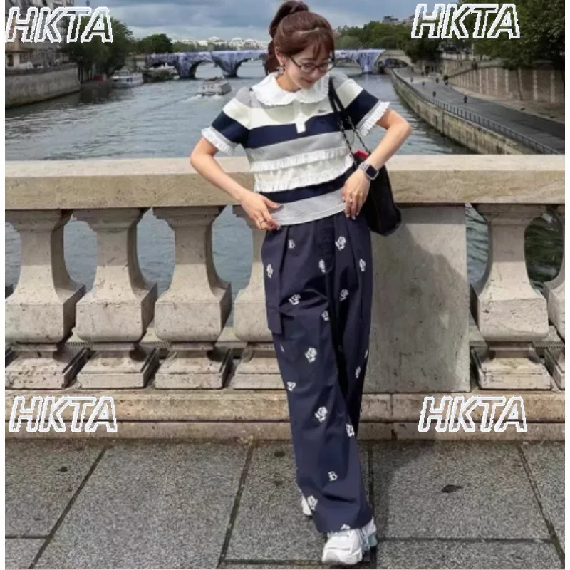 Japanese Sweet High Waist Lace Splicing Striped Letter Embroidery Casual Tshirt Short Sleeve Top Contrasting Short T Shirt Women