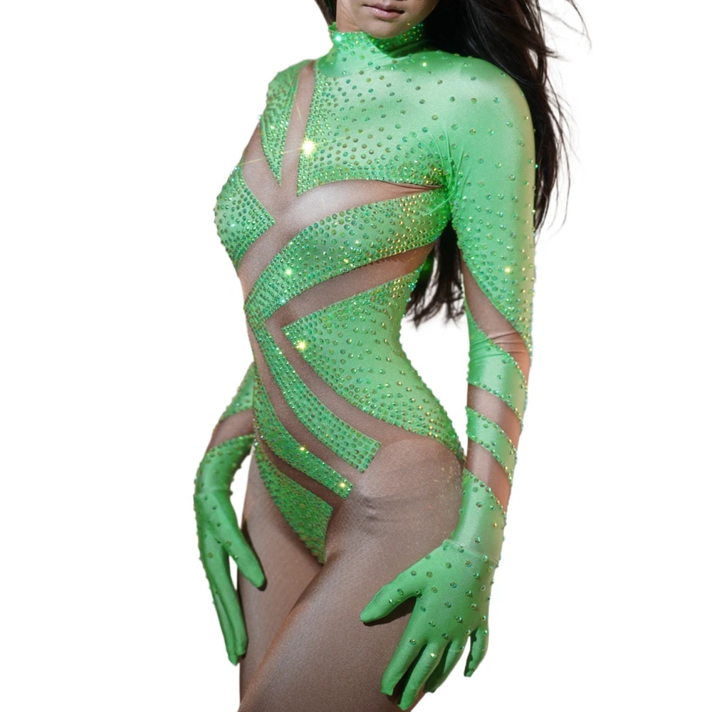 

Узкий комбинезон с блестящими стразами, перчатки для женщин, сексуальный танцевальный костюм для выступлений, сценическая одежда, наряд на день рождения