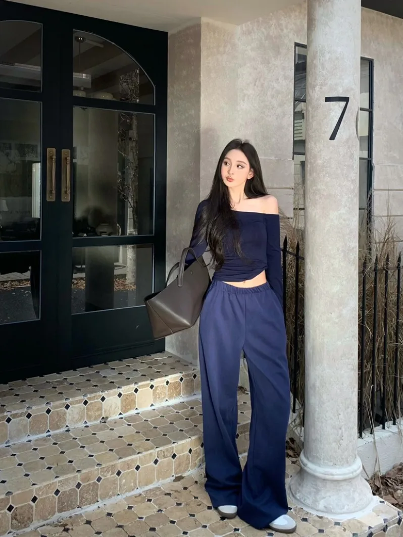 

Комплект из футболки с длинным рукавом и брюк с высокой талией Deep Blue для женщин: зимний повседневный костюм из двух предметов с широкими штанинами