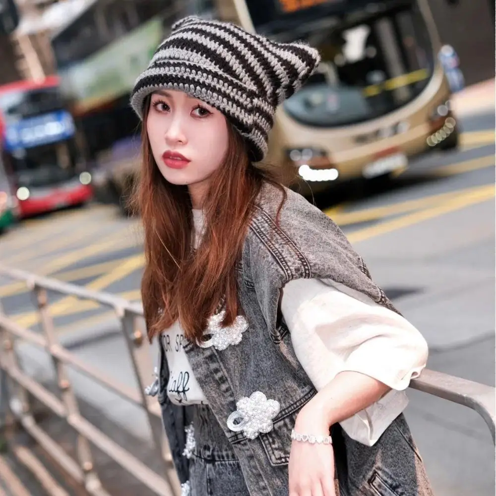 

Y2K Beanie Hat Handmade Wool Knitting Cat Ears Cap Fashion Classic Striped Knitted Hat Autumn Winter Warm Ear Protection Beanies