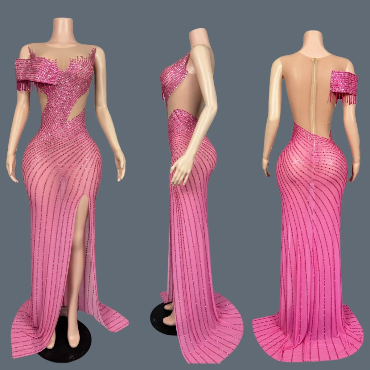 

Elegant High-end Luxury High Side Slits Long Dress Sexy Women Sparkly Rhinestone Pink Gown Birthday Party Photo Shoot Wear Mulan