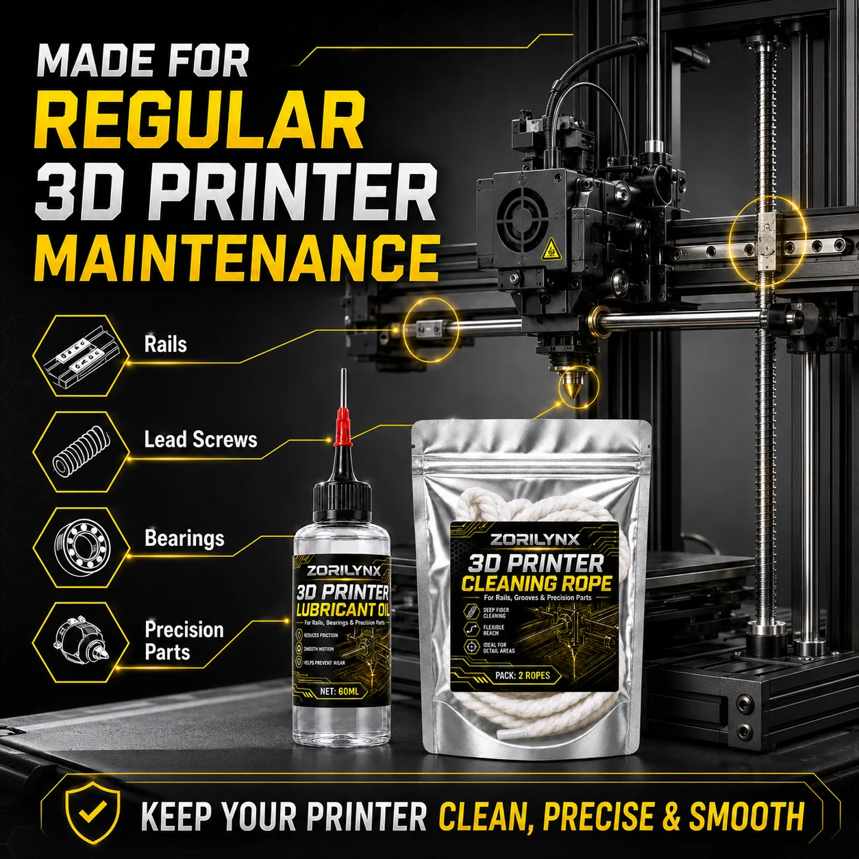 SIKEZHAN 3D Printer Oil and Cleaning Rope Set, Premium Guide Rail Smooth Fluid with 2pcs Maintenance Consumable Cord Tool Kit