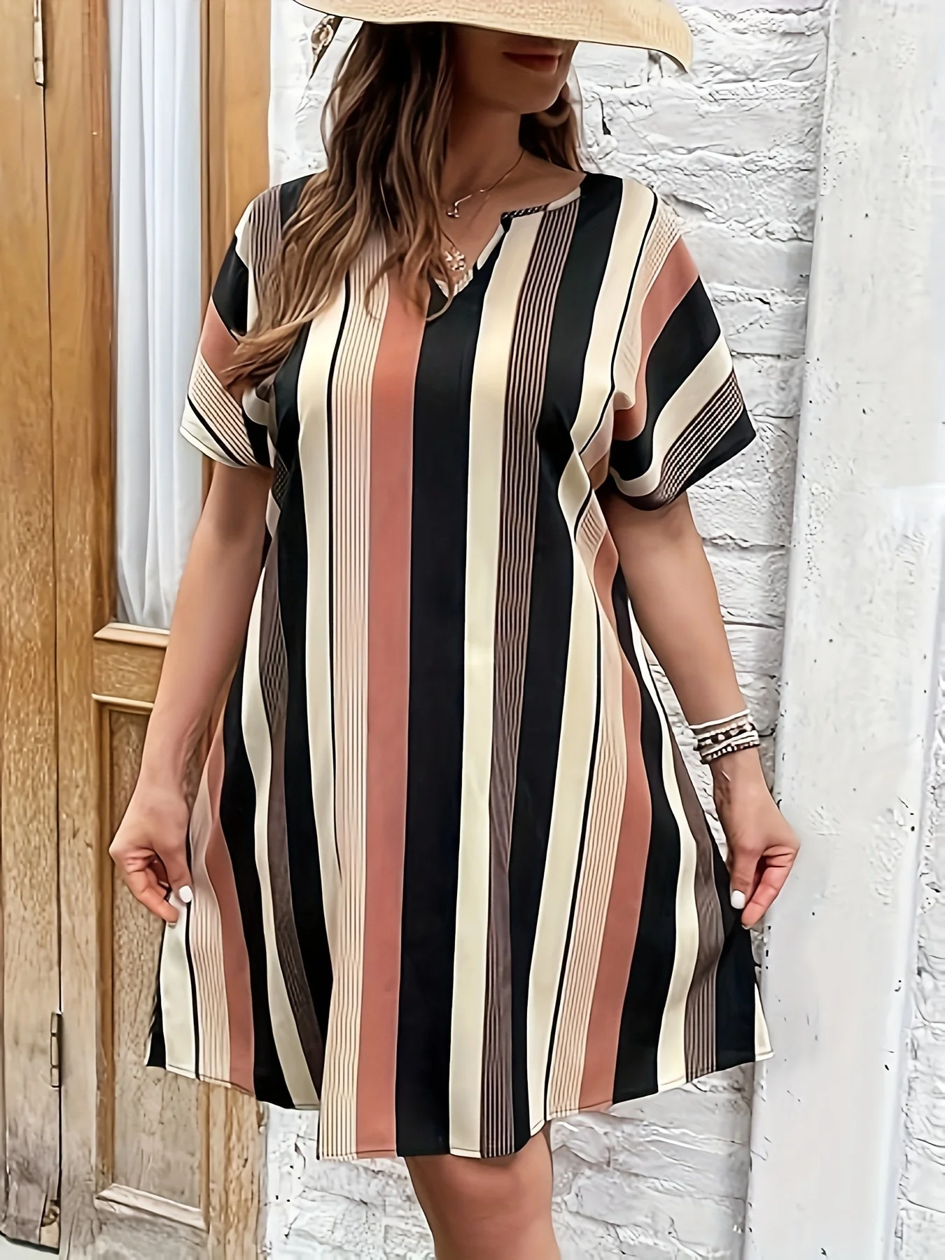 Damen lockeres, langärmliges, gestreiftes Hemdkleid mit V-Ausschnitt, lässiges Vintage-Kleid
