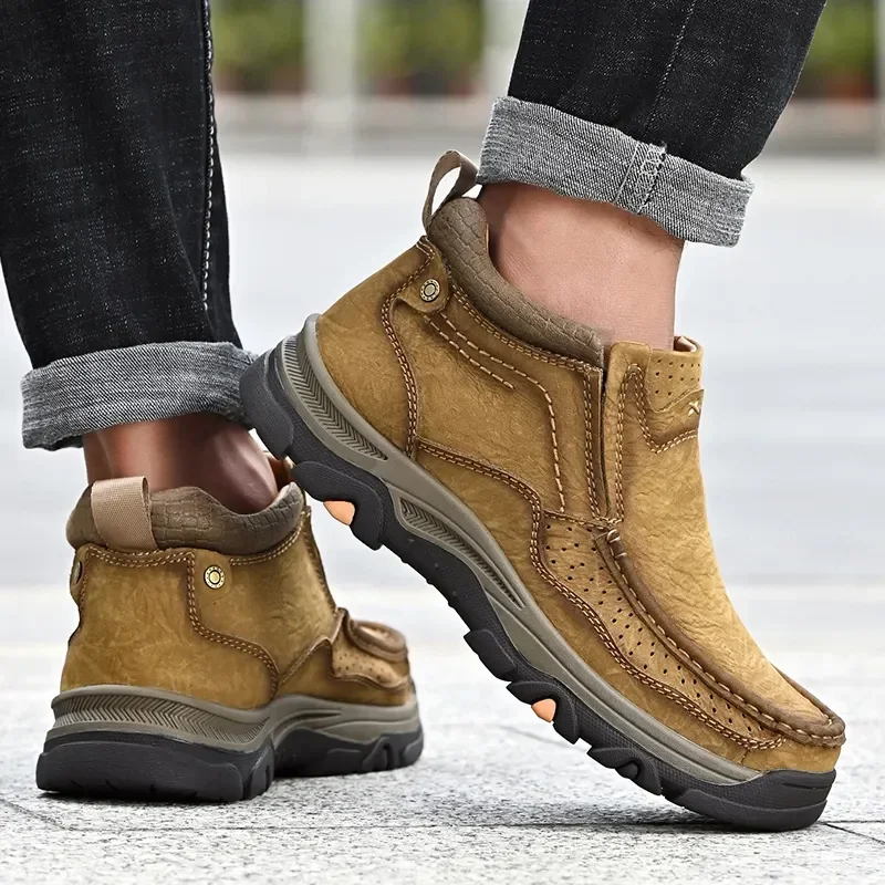 Bota de couro real masculina, sapato de couro casual, tamanho grande, na moda masculina, outono inverno