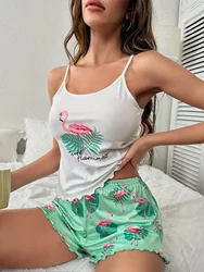 Summer Sleepwear for Women's Tropical Flamingo Print Frill Trim Casual Pajama Set Backless Cami Top & Shorts Loungewear