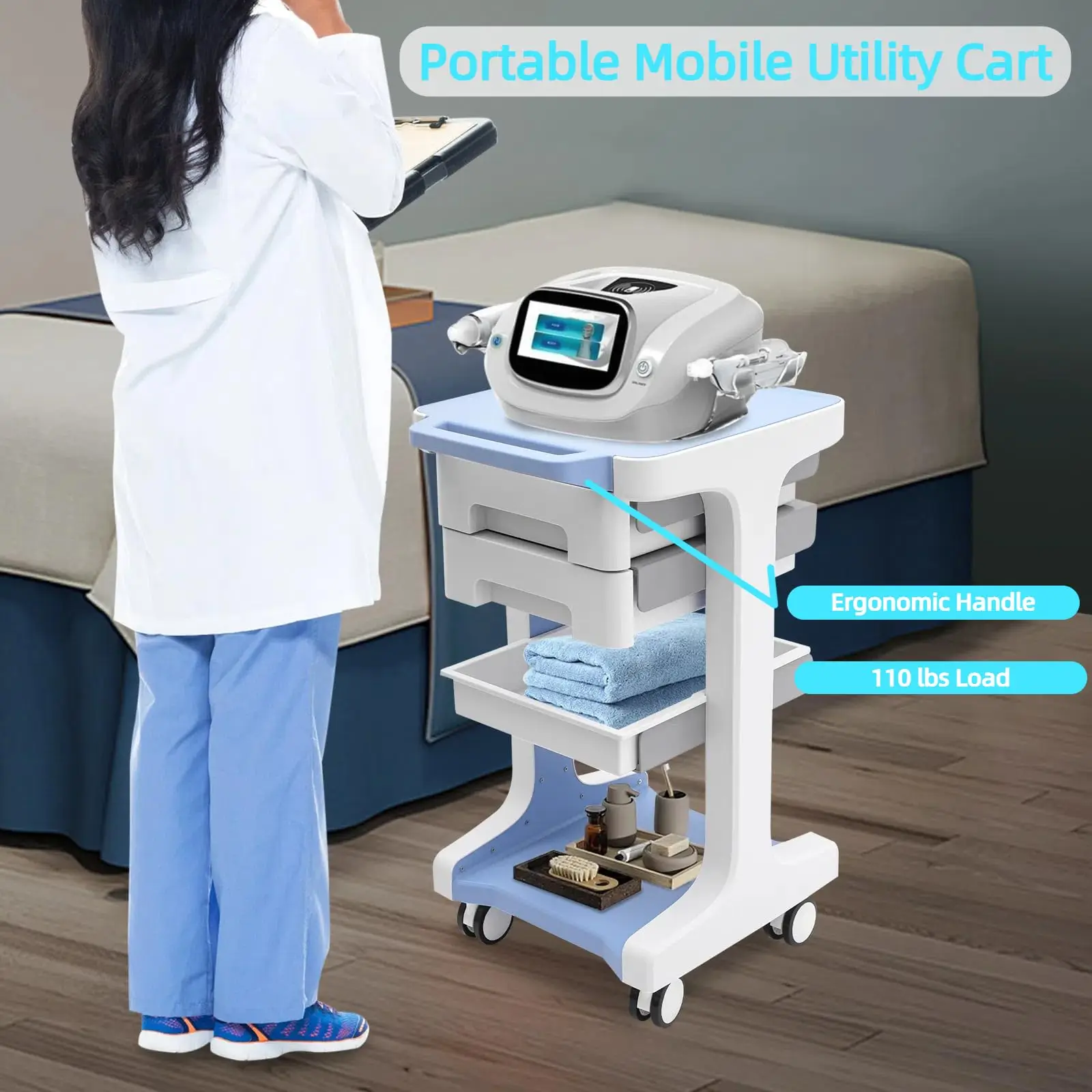 Carrinho profissional de salão de beleza com 3 camadas e 2 gavetas com rodas Carrinho utilitário com gavetas Carrinho de armazenamento móvel, carga máxima de 50 kg/110 lb,