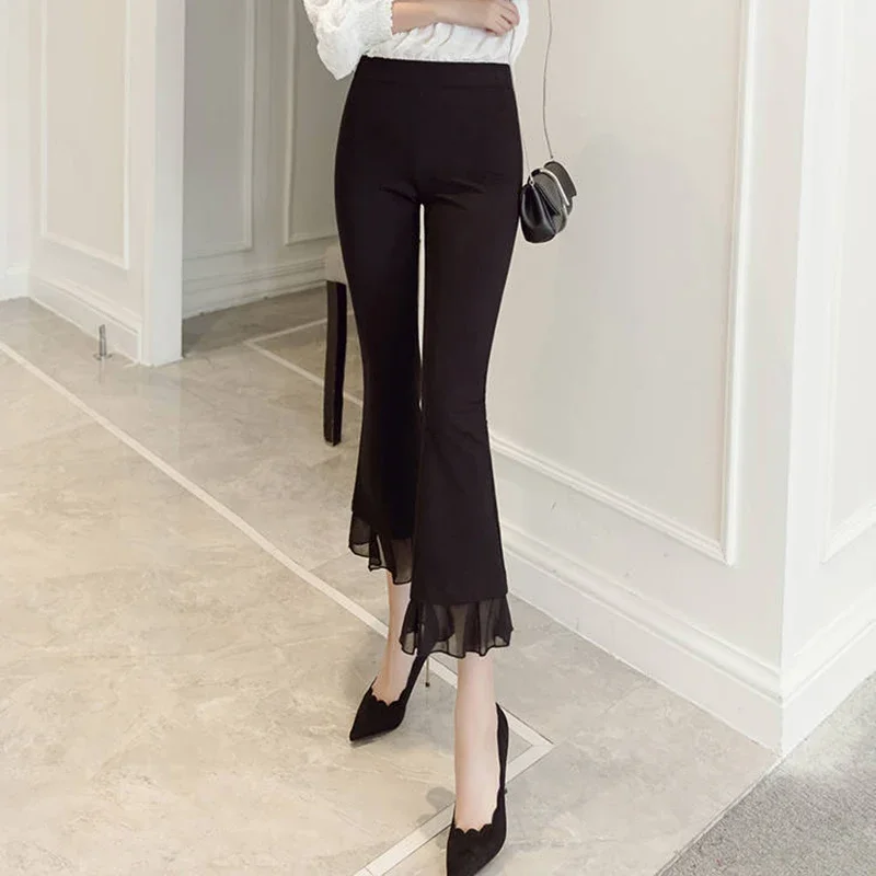 

Chiffon Spliced High Waist Women Sheer Black Flare Pants Spring Summer Ruffle Lace Trousers Slim Lady Vintage Ankle-Length V726