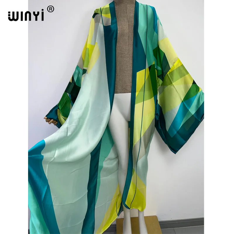 2022 WINYI Summer Beach Wear Swim Suit Cover up boho fashion printing elegant sexy Holiday party long Sleeve Cardigan dress