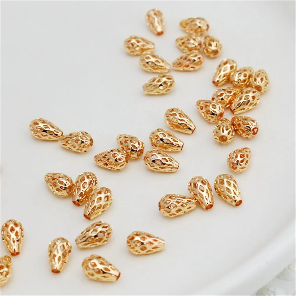 50pcs Hollow Water Drop Beads, 14K Copper Clad, Gold Color, Loose Beads, DIY Jewelry, Handmade Accessories, 5x8mm