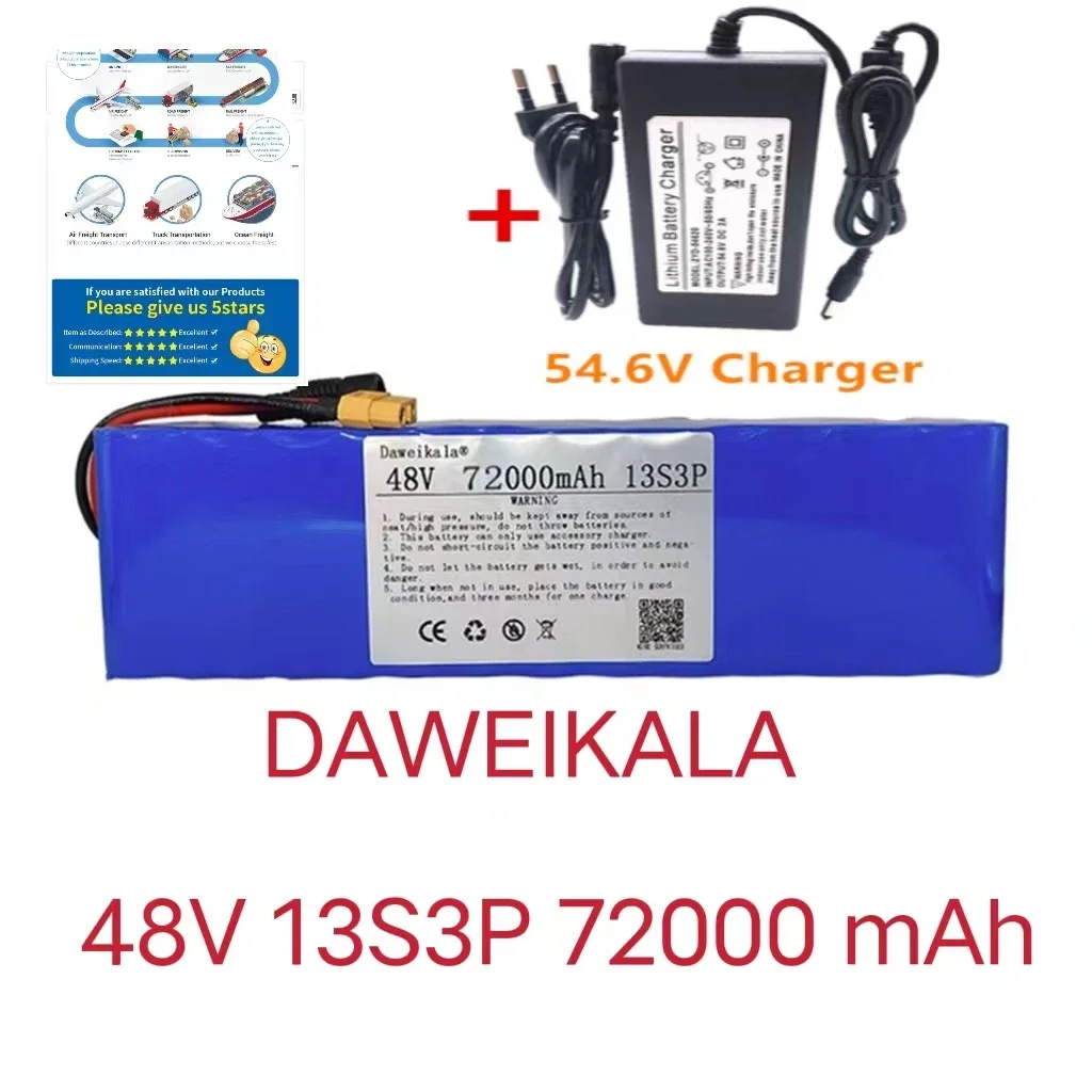 

2022 new 48V 100Ah 1000w 13S3P XT60 48V Lithium ion Battery Pack 72000mah For 54.6v E-bike Electric bicycle Scooter with BMS