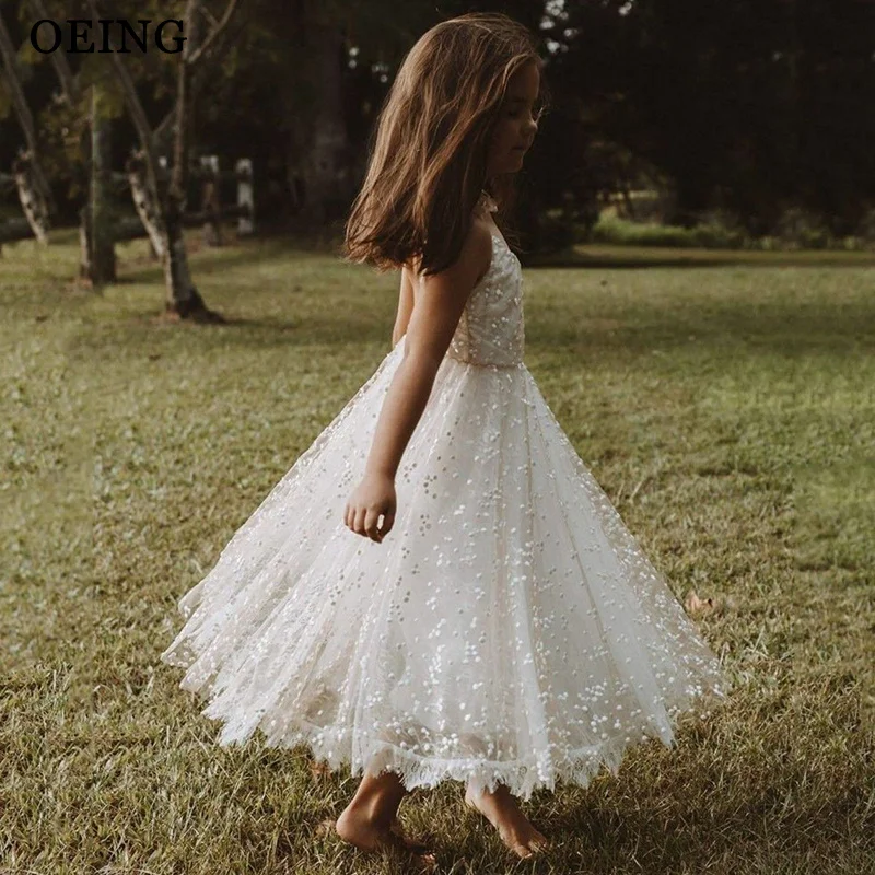OEING Simple Ivory A-Line Flower Girl Dresses Halter Appliques Sleeveless Midi Wedding Party Dress Birthday Dress Customized