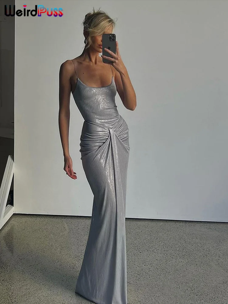 Raar Puss effen reflecterende jurk dames vierkante kraag mouwloos sexy backless skinny ruches stretch klassieke elegante vestidos