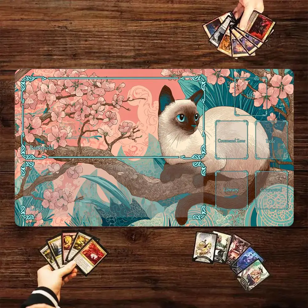 

Игровой коврик для карточных игр MTG с рисунком розовых цветов сакуры и кошки, противоскользящая основа, коврик для настольных игр TCG