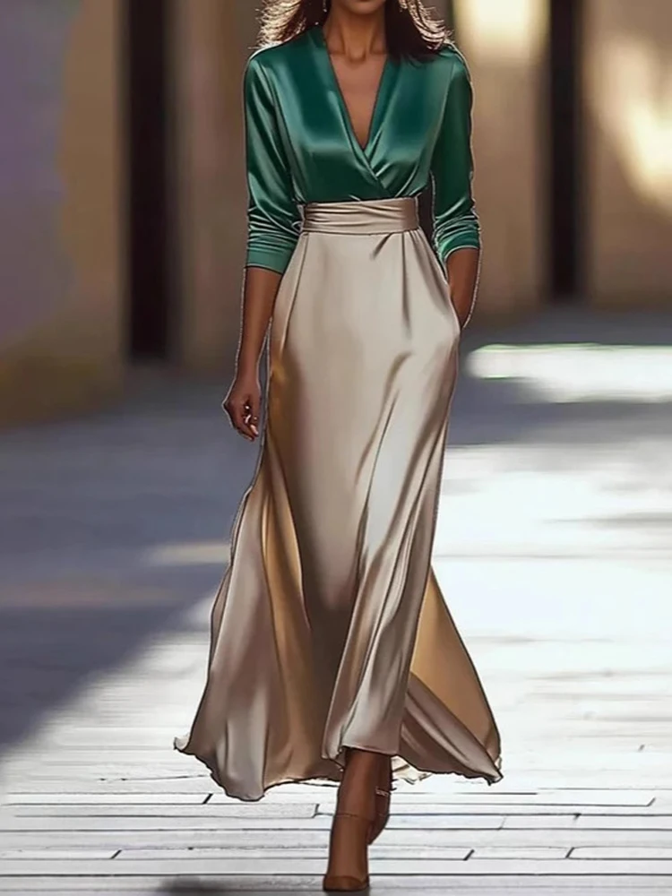 

Elegant V-neck Long Sleeve Top & Skirt 2Pc Suit Women's Casual Long Sleeve Solid Long Skirt Set Fashion Draped Satin Slim Outfit