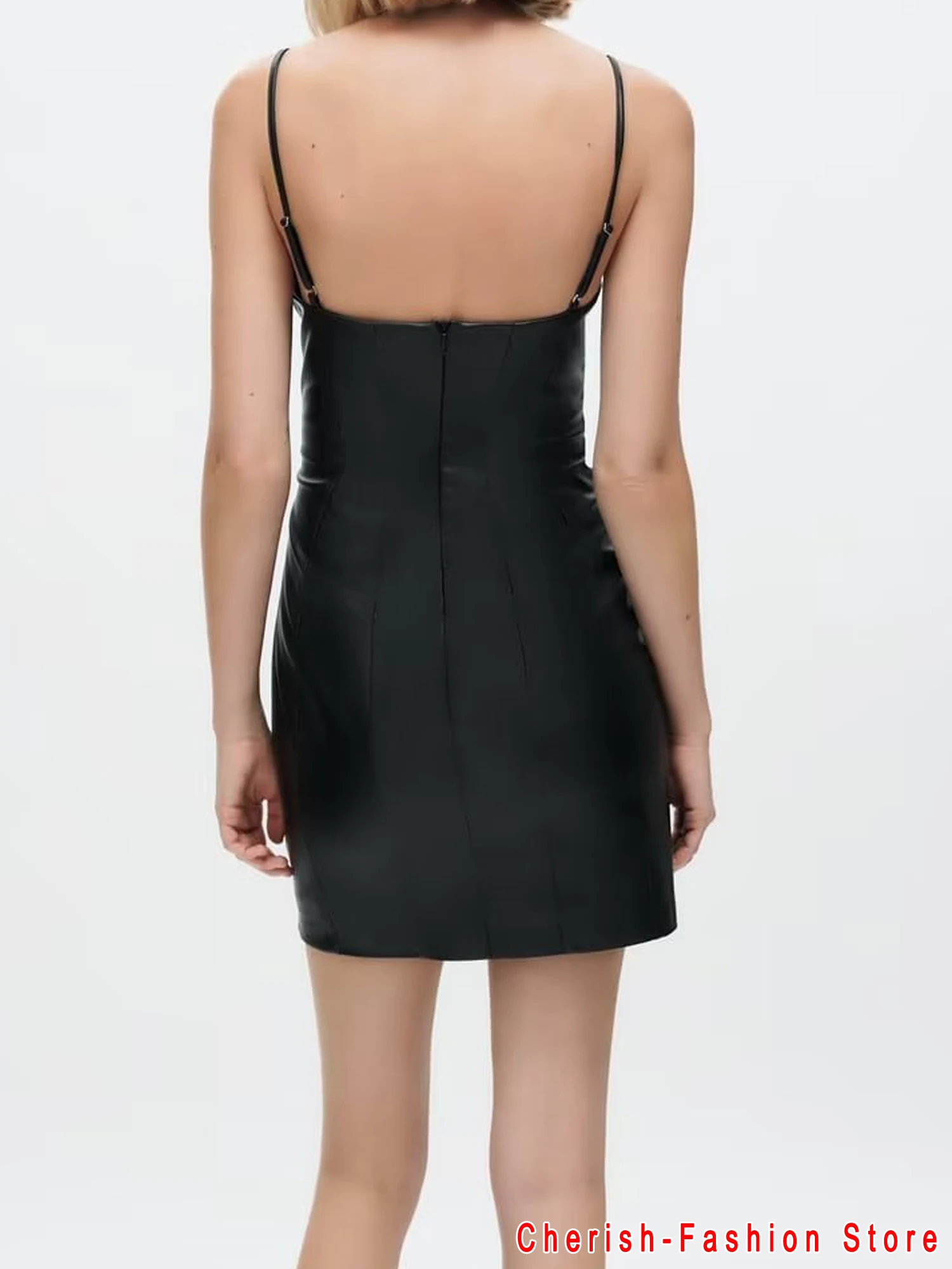 Sexy Robe Nachtclub Frauen Hosenträger mittellanges Kleid Pu Voll leder Bandage rücken freies figur betontes Kleid Pu Leder ärmelloses Kleid