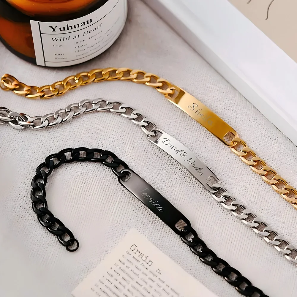 

Custom Engraved Name Man Bracelet Stainless Steel Personalized Name Date Bar Bracelets For Woman Jewelry Father Birthday Gift