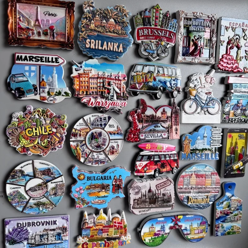 Fridge magnets Bretagne Marseille Srilanka Argentina Ibiza Poland Chile Italy New york Bulgaria Hungary Denmark Dubrovnik Malta