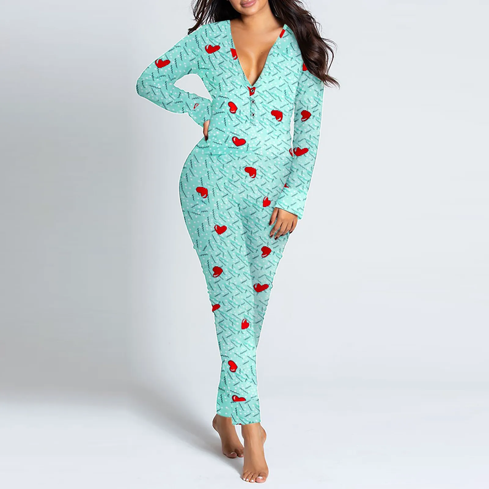 Womens Jumpsuit Button Down Onesies Christmas Love Print Suit Functional Buttoned Flap Adults Jumpsuit Sleepwear Xmas Pyjamas