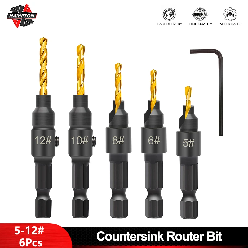 

HAMPTON 6PC Woodworking Tapper Hexagon Shank Screw Countersunk Drill Bit Taper Drill Hole Drilling And Reaming Hardware Tool Set