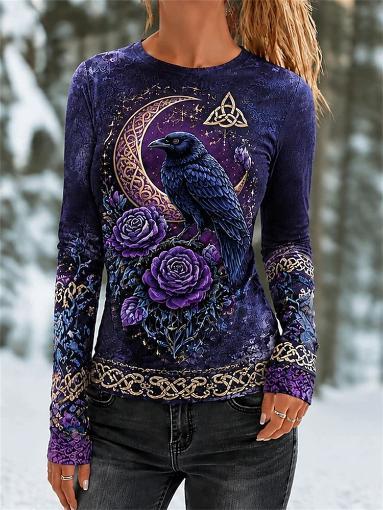 Women's Autumn Halloween Long-Sleeve T-Shirt 3D Rose Skull Print Crew Neck Stylish Casual Spooky-Themed Holiday Party Top