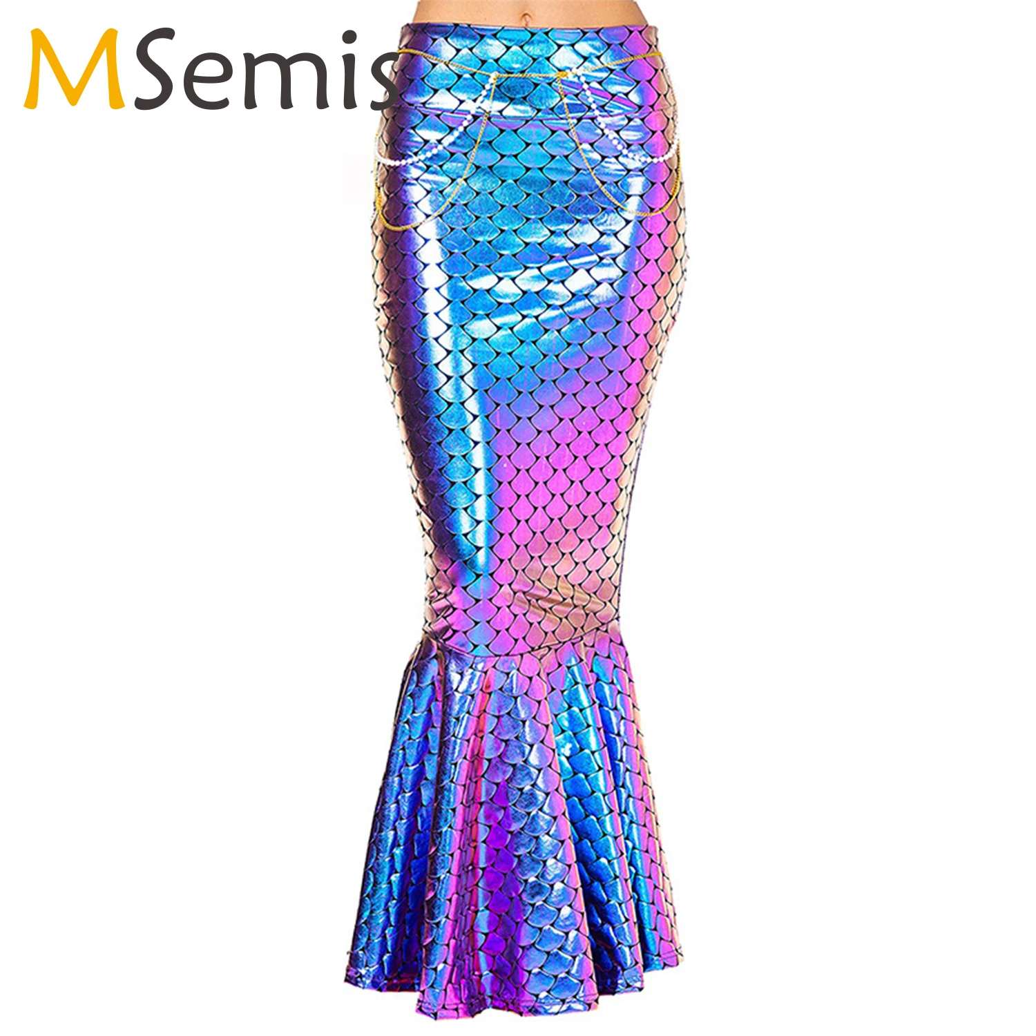 Women's Mermaid Tail Costume Skirt Fish Scale Print Hip Skirt Fancy Halloween Theme Party Ruffle Hem Waist Chain Long Maxi Skirt