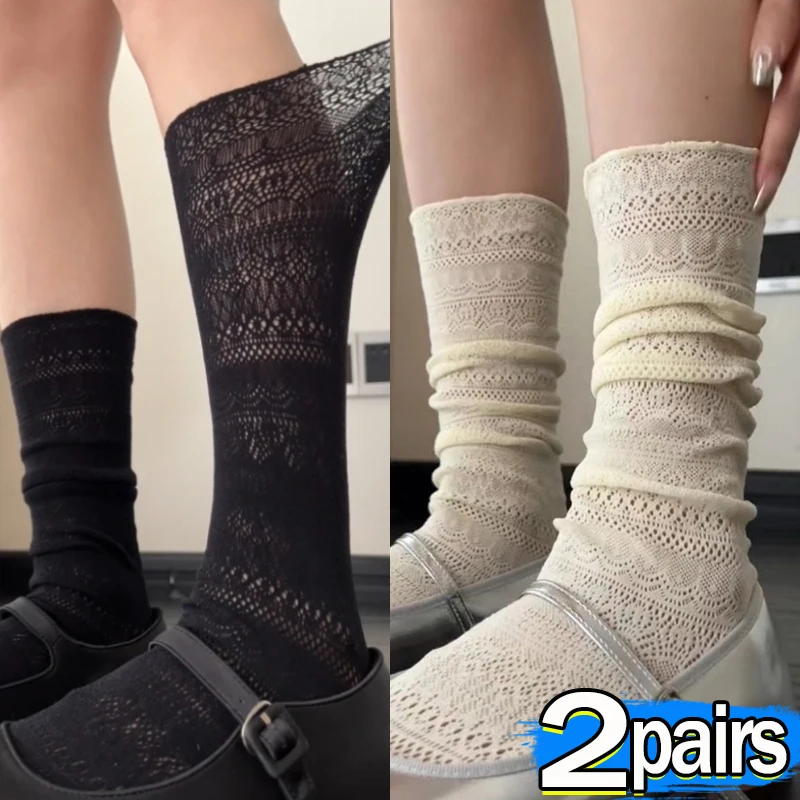 1/2 pary Lolita Sweet Pile Socks dla kobiet Girls Mesh Hollowed Out Thin Nylon Silk Retro Flower Lace Socks Ladies Crew Socks
