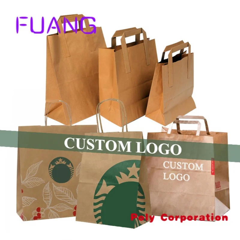 Custom  Recycled Custom Logo Printed Restaurant Food Takeaway Grocery Shopping take out Packaging Brown Kraft Paper Bag With Han