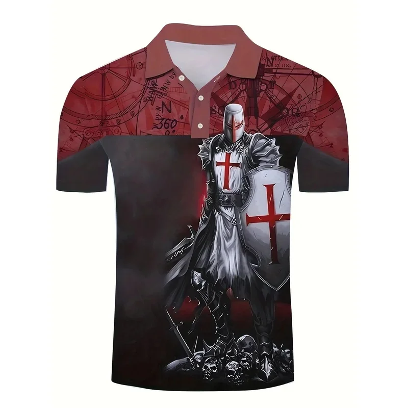 Men's 3D Print Knights Templar Medieval Red Cross Gothic Short Sleeve Polo Shirt Vintage
