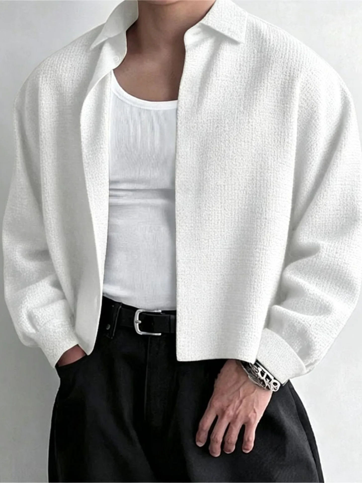 Men's Button Down Shirts Fashion Solid Color Long Sleeve Textured Crop Tops