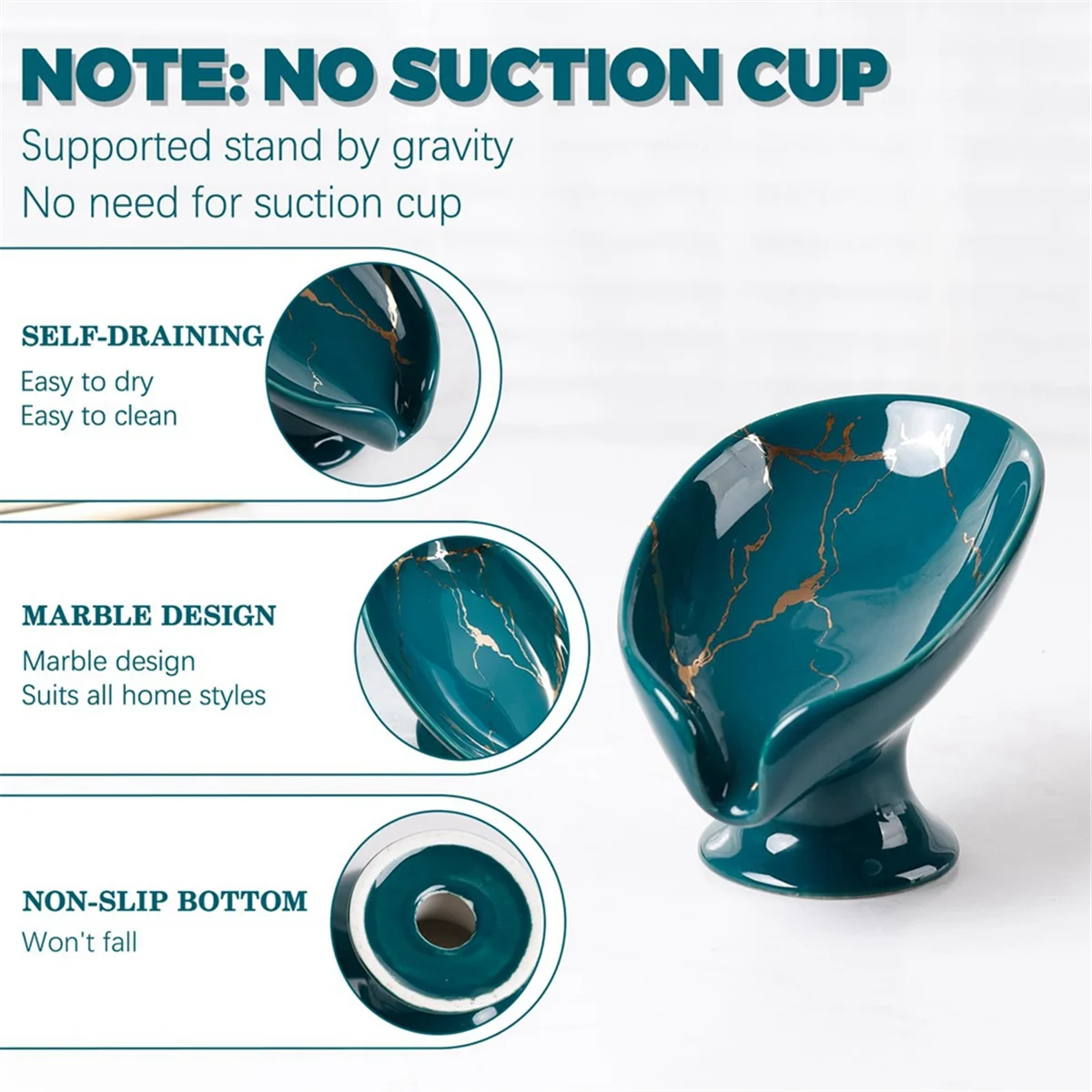The New Soap Dish, Ceramic Soap Holder Self Draining Marble Look Leaf-Shape Soap Dishes for Bathroom,Green
