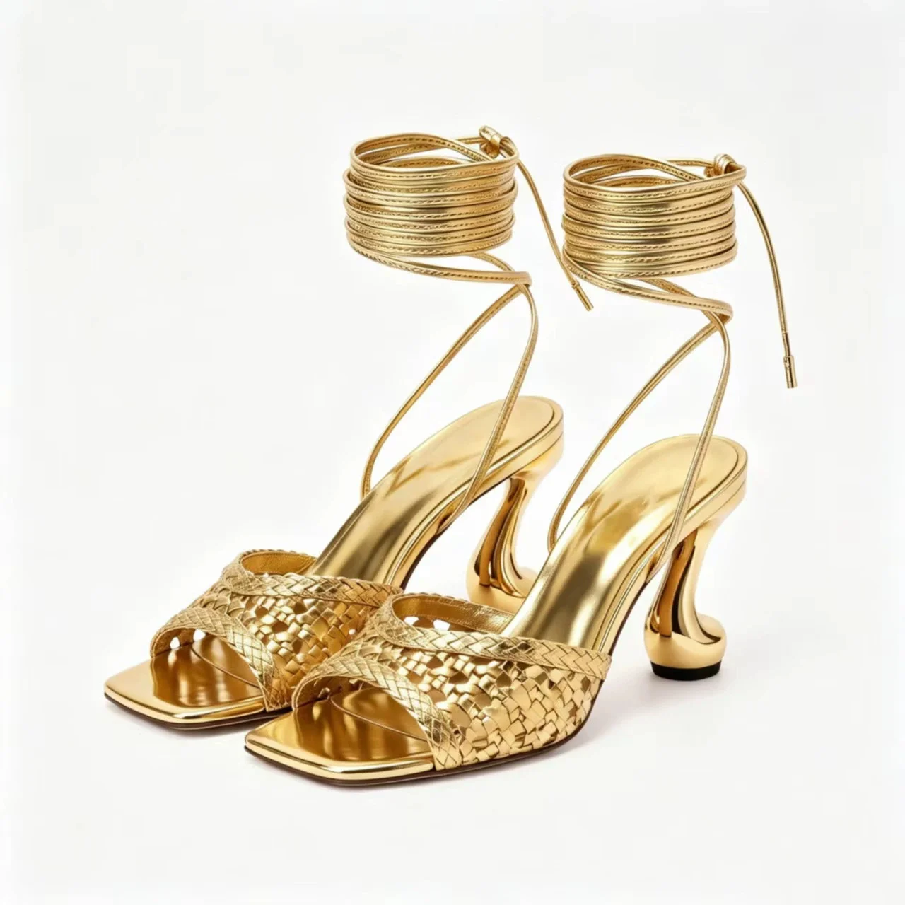 Women Metallic Woven Square Toe Sandals Ankle Wrap Lace Up Unique Curved Sculptural Heel Elegant Ladies Open Toe Heeled Shoes
