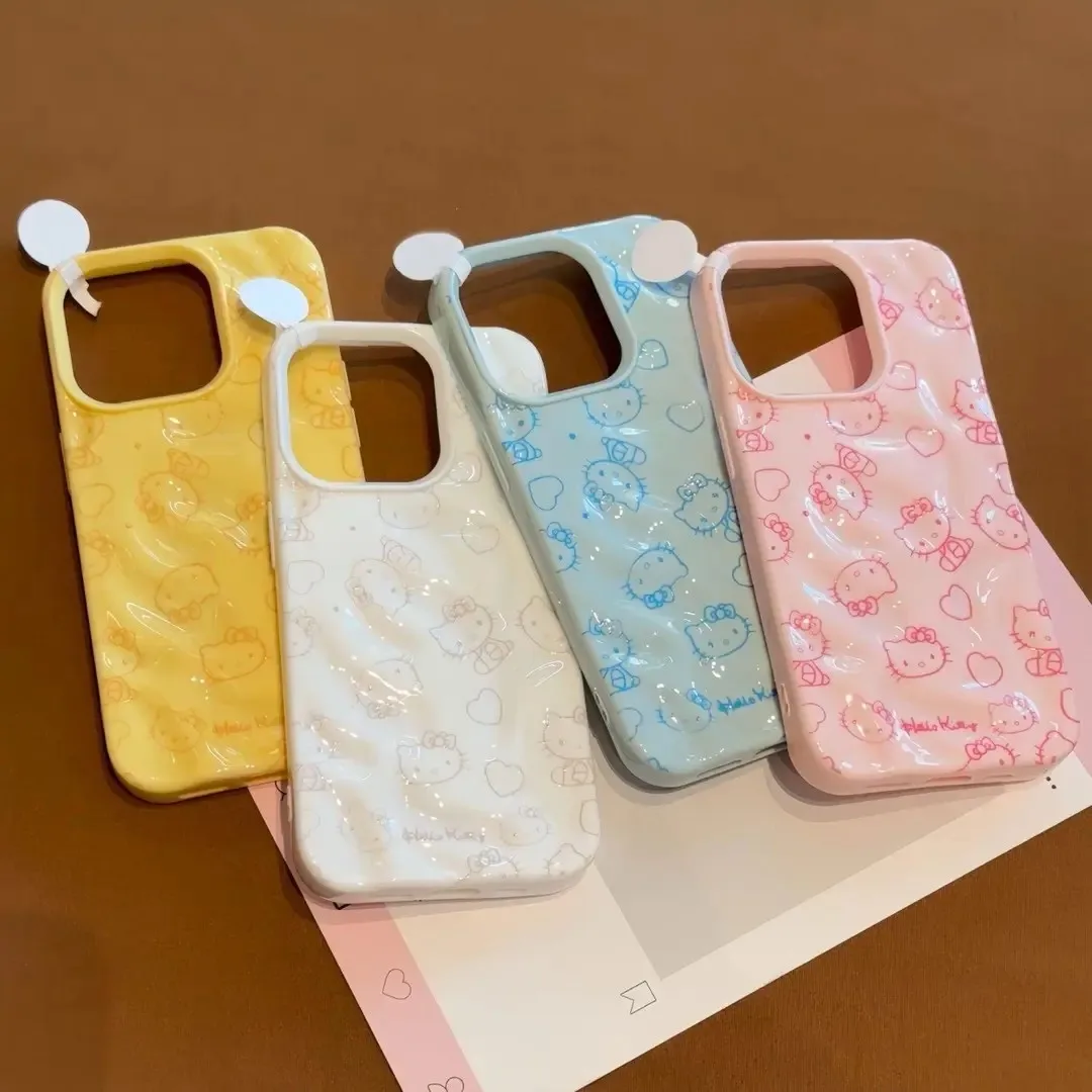 Модный чехол для телефона Hello Kitty с морщинистой текстурой для iPhone 11, 12, 13, 14, 15, 16 Pro Max Plus, мягкий силиконовый противоударный чехол-конфетка