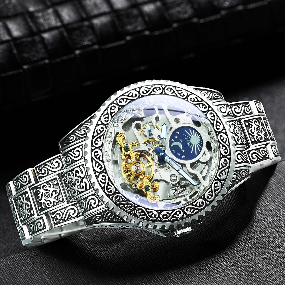 ساعة Forsining الفاخرة توربيون الهيكل العظمي الميكانيكية للرجال مضيئة الأيدي الفولاذ المقاوم للصدأ حزام الأعمال ساعات أوتوماتيكية #1