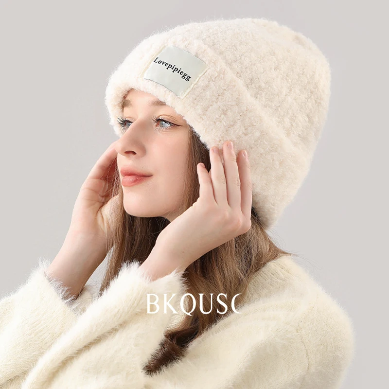 Solid Color Knitting Bonnet Caps for Women Winter Warm Knitted Women's Beanie Hats Casual Coarse Woolen Knit Skullies & Beanies