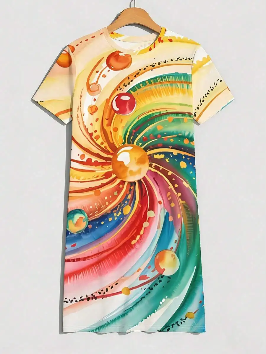 

Womens Crew Neck Short Sleeve T-Shirt Dress With Digital Print Casual Summer Dress
