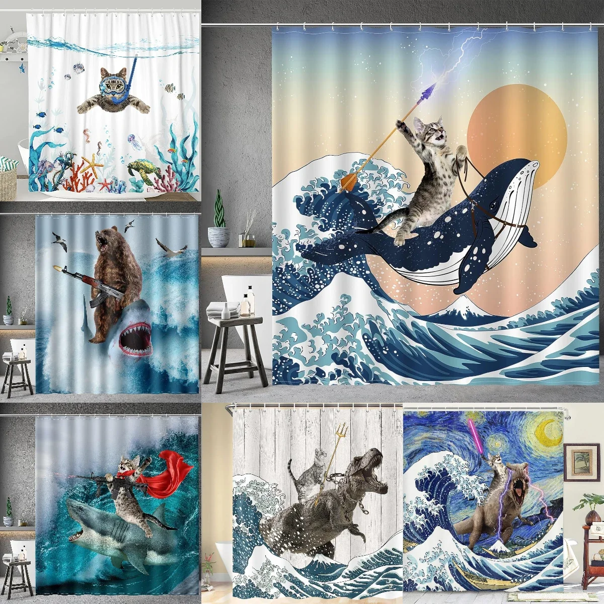 Funny Cat Shower Curtain Whale Cool Cat Riding Dinosaur Diving Fishing Waves Cute Kids Fish Coral Coastal Bathroom Decorative