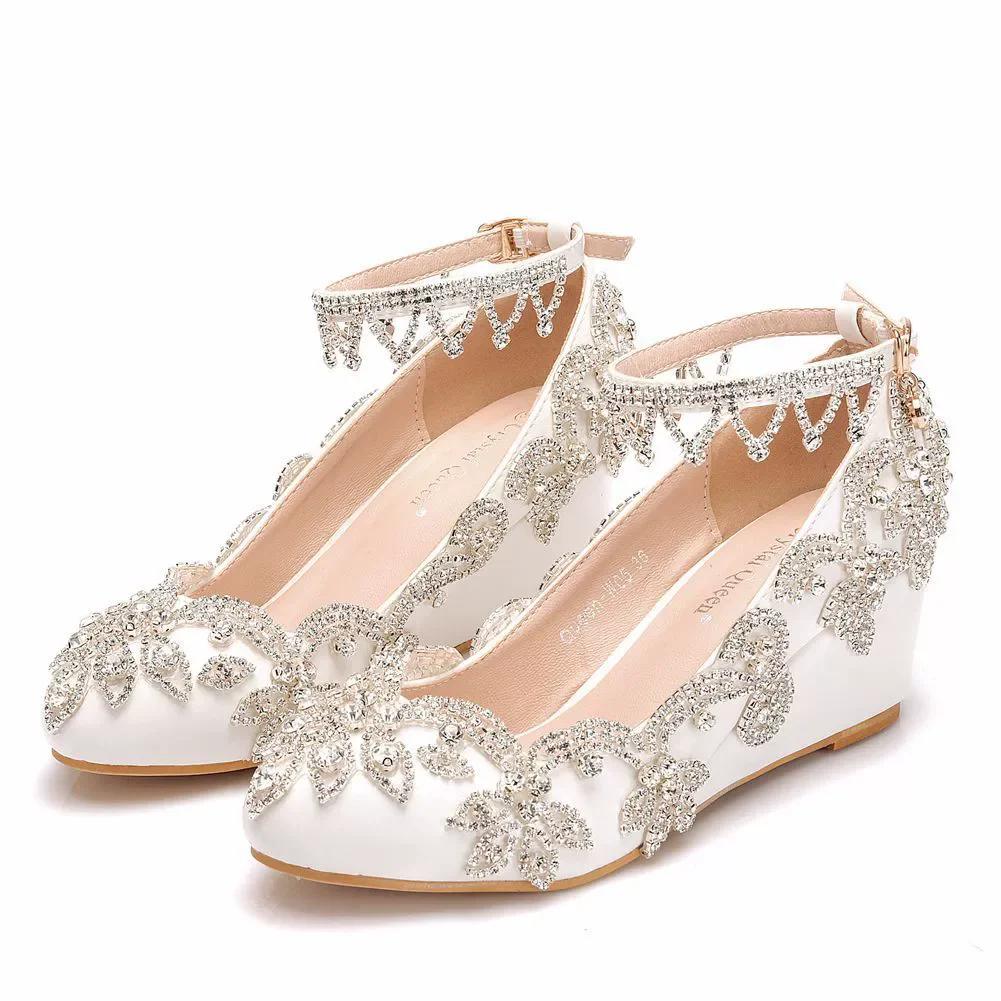 

Spring pointed toe shallow mouth colorful rhinestone slope heel wedding shoes banquet dress large size high-heeled women's shoes