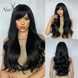 ALAN EATON Long Black Synthetic Wigs with Bangs Natural Wavy Wig for Women Daily Party Natural Looking Hair Heat Resistant Fiber