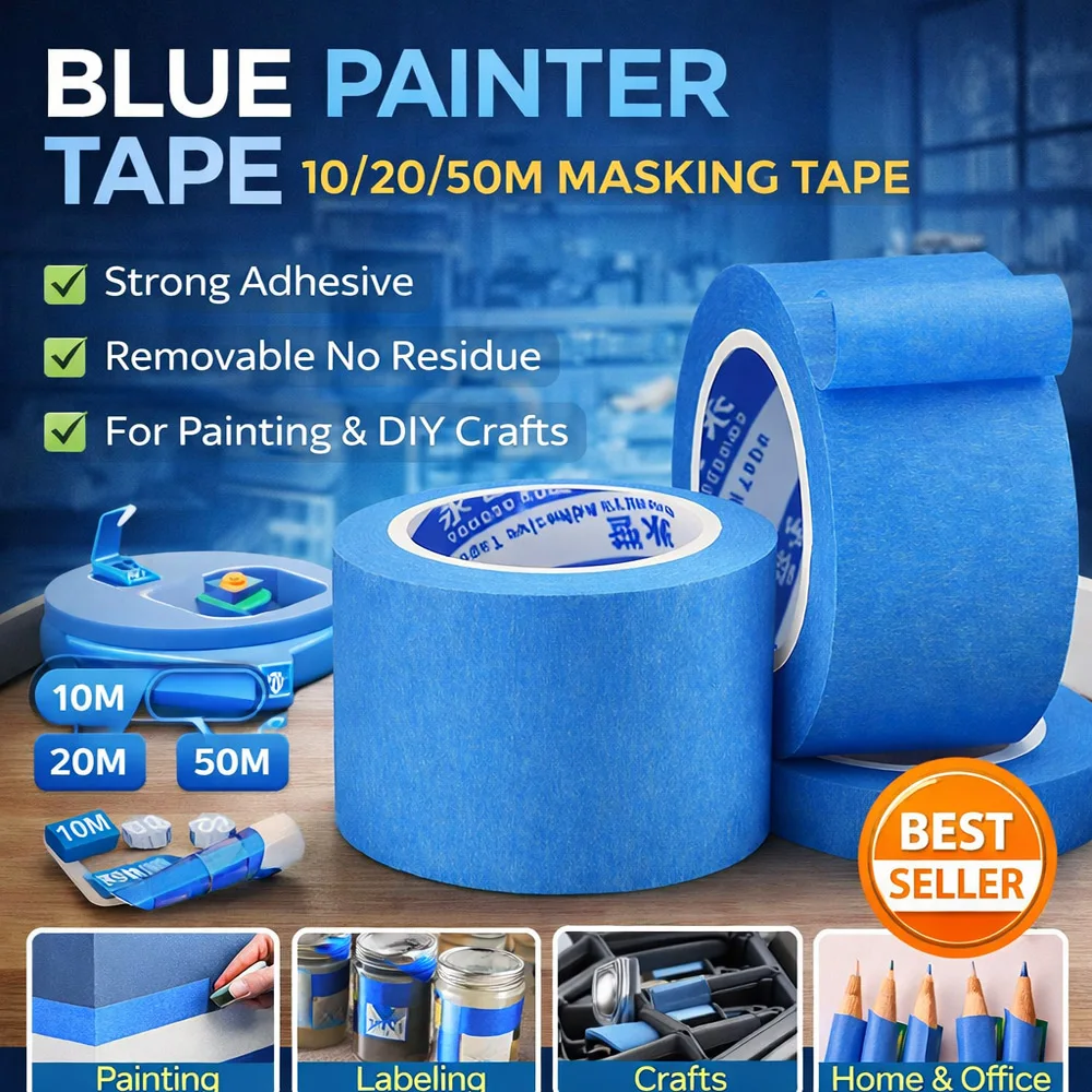 Blue Painter Tape 10/20/50M Masking Tape Strong Adhesive Removable No Residue for Painting DIY Crafts Home Office School Labelin