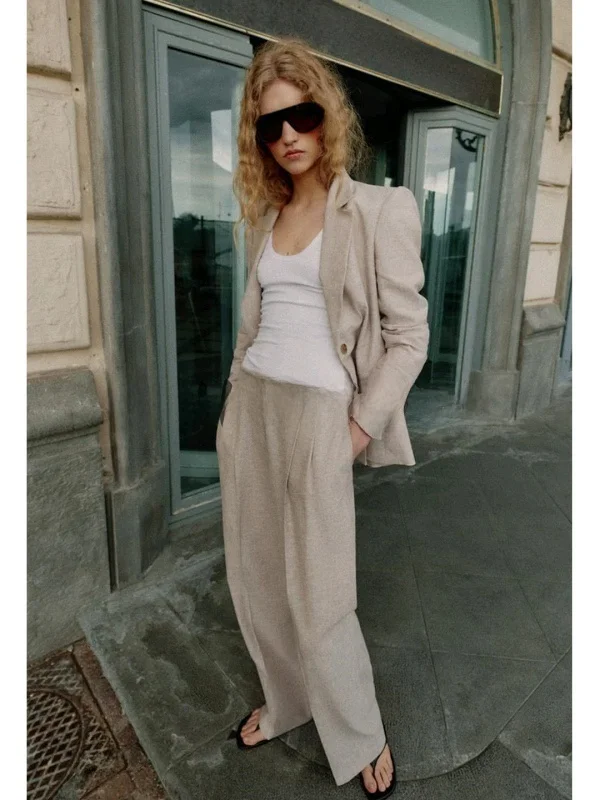 High Waist Straight Leg Pants And Long Sleeve Padded Shoulder Pleated Suit Jacket Two Piece Set for Women Summer Fashion
