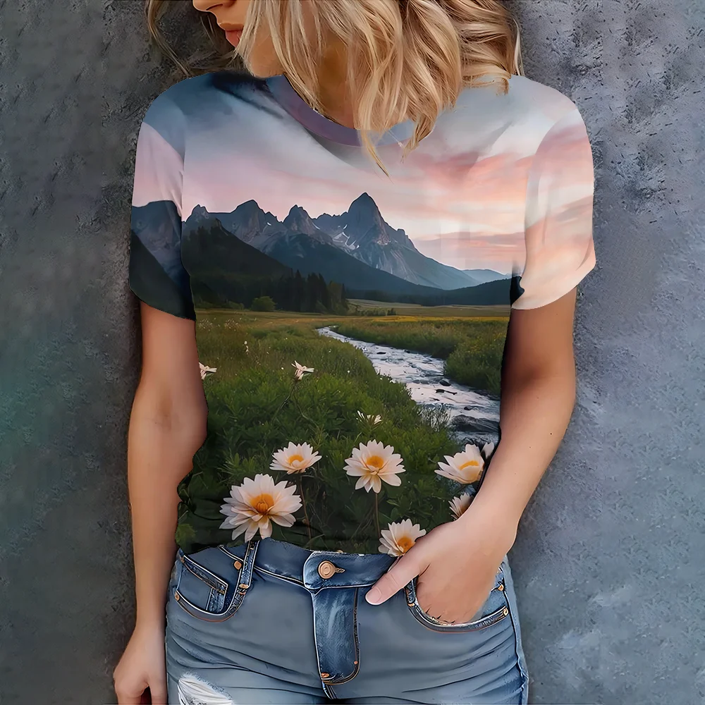 

Outdoor natural style landscape flower print casual fashion women's daily versatile summer short sleeved T-shirt