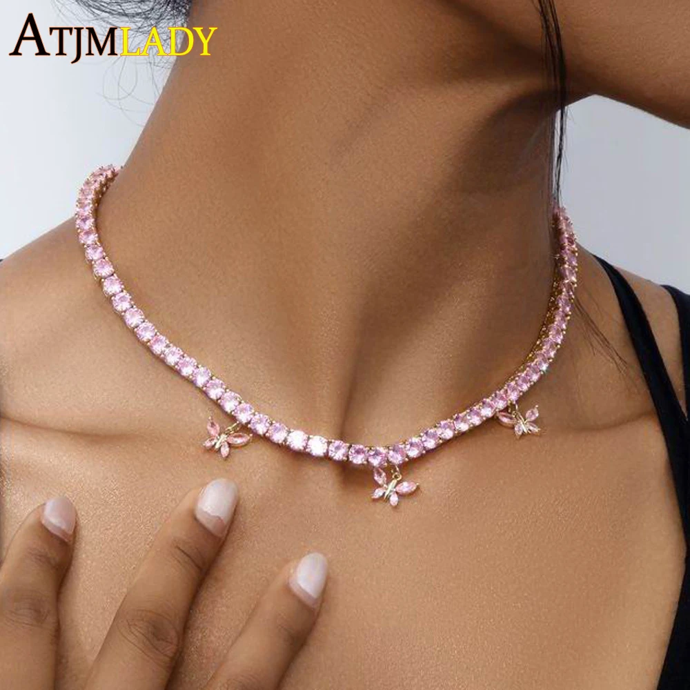 Bling Rose Pink Pinky Heart Arrow CZ Cuban Link Chain Necklace Iced Out Hip hop Luxury Fashion 32+10cm Choker Women Jewelry