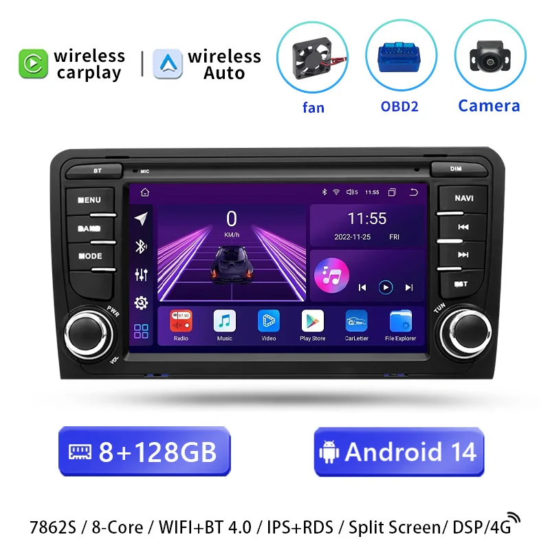 7'2 DIN draadloze CarPlay Android 14 autoradio voor Audi A3 8P 8L S3 RS3 8E/8H S4/B5 B7 2003-2012 Sportback Seat Exeo Multimedia GPS navigatiescherm stereo Wifi 4G 128GB