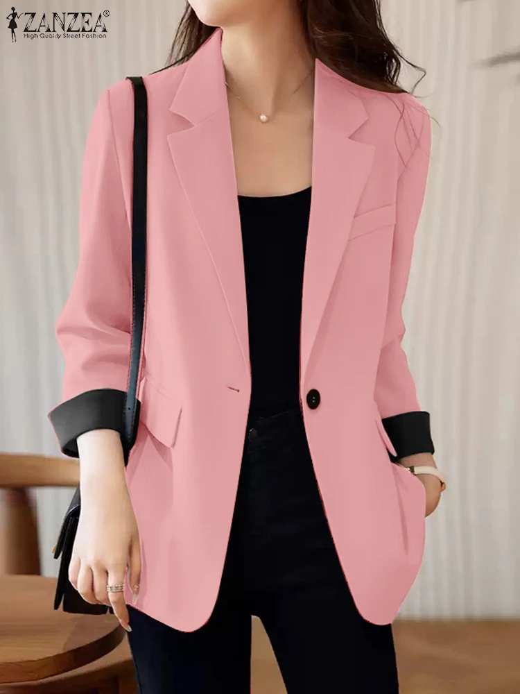 ZANZEA Office Women Blazer Elegant Spring Lapel Neck 3/4 Sleeve Suits Coats Thin Tops Patchwork Blusas Casual Woman Outwear 2025