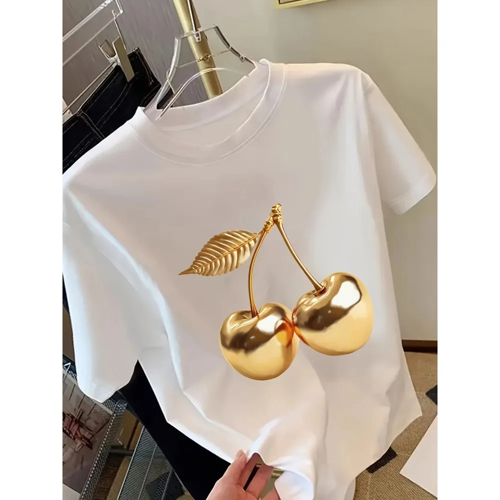 Goldener Kirschdruck Damen Kurzarm-T-Shirt Stilvolles Casual-Oberteil mit Eleganz Vielseitiges Top für Frauen Minimalistisches Design – Detail 6