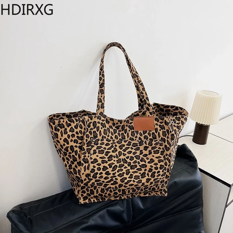 Women\'s Leopard Pattern Tote Bag Vintage Canvas Shoulder Bags Fashion Big Capacity Woman Handbag for School Working Shopping