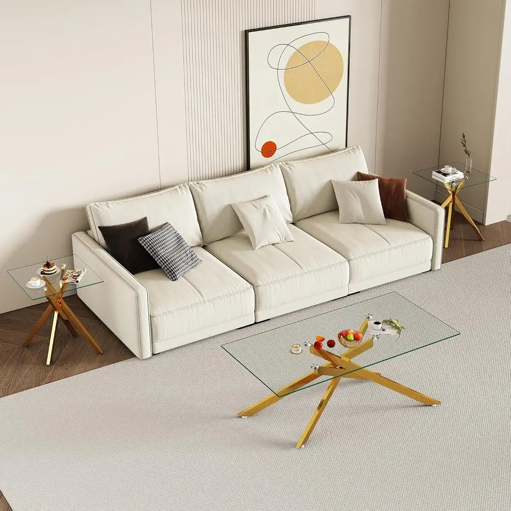 Set Meja Kaca Modern 3 Bagian: Meja Kopi Kecil dengan 2 Meja Samping Emas