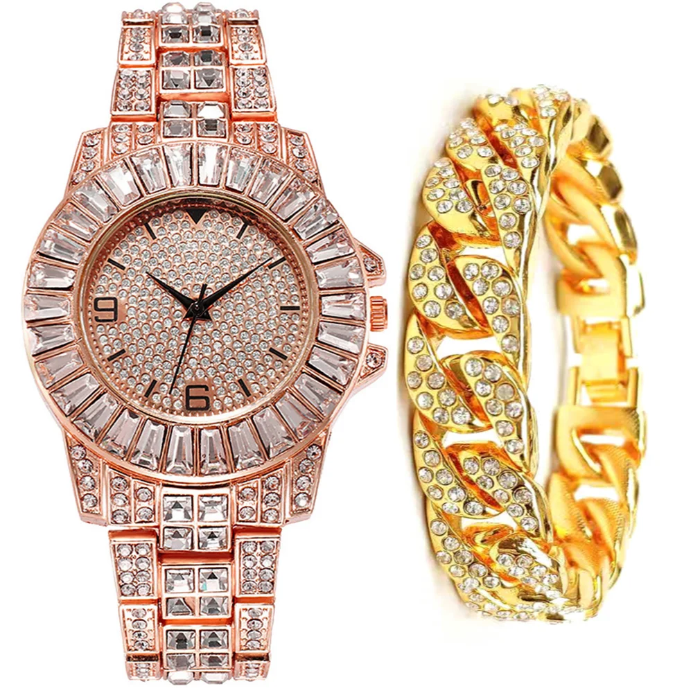 Simple Iced Out Watch + Bracelet for Women Bling Miami Cuban Chain Luxury Gold Watch Women Jewelry Set Gifts Relojes Para Mujer