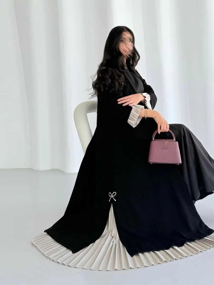 

Мусульманские женщины Дубай Абая Роскошное плиссированное лоскутное черное длинное платье кимоно кардиган скромный кафтан халат Femme исламская одежда