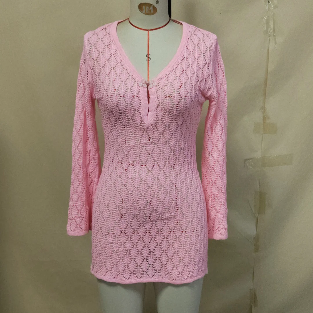 Langärmliges, V-Ausschnitt-Kleid mit Ausschnitten, gehäkelt, gestrickt, Strandkleid, Strandmode, Strandbekleidung, Strand-Cover-up, Damen V7109 – Detail 10